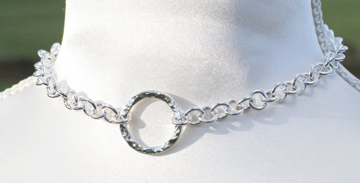 Sterling Silver, BDSM Style Day Collar.  Heavy Chain. Classic O Ring chain  BDSM collar, Chunky Hammered O ring, Handmade BDSM Collar.