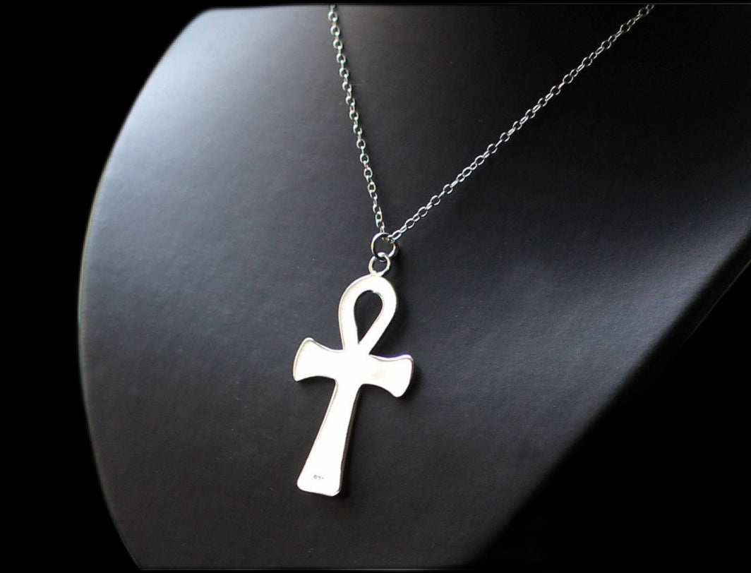 Large Ankh Necklace, Gothic Silver- 925 Sterling Silver.     gothic jewelry     925 sterling silver     Ankh necklace     statement piece     meaningful jewelry     versatile accessory     high-quality materials     edgy style     unique design     gift idea.