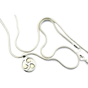 Discreet Sterling Silver and 9K Gold Triskele BDSM Day Collar: Artisan Pendant on a Light Snake Chain