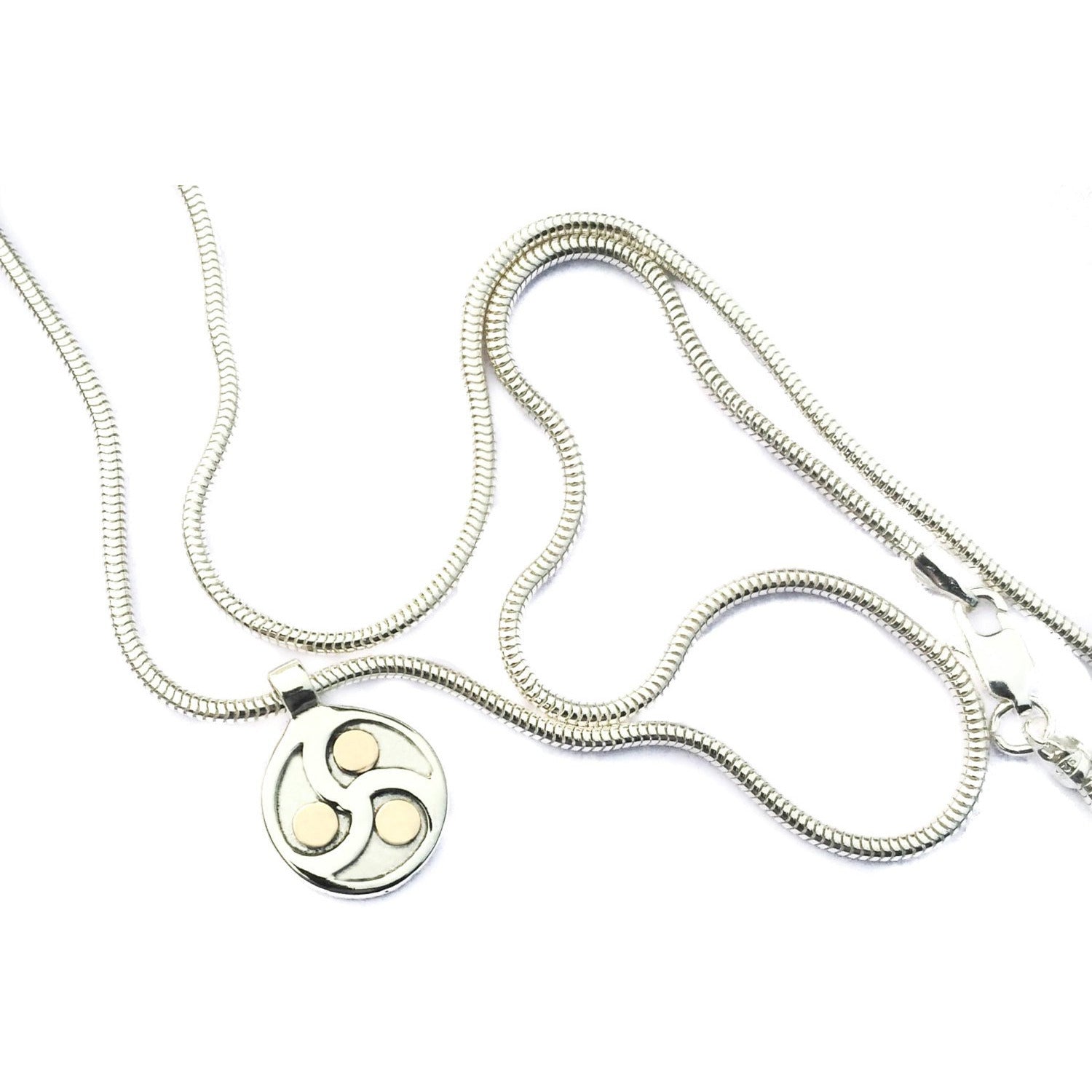 Discreet Sterling Silver and 9K Gold Triskele BDSM Day Collar: Artisan Pendant on a Light Snake Chain