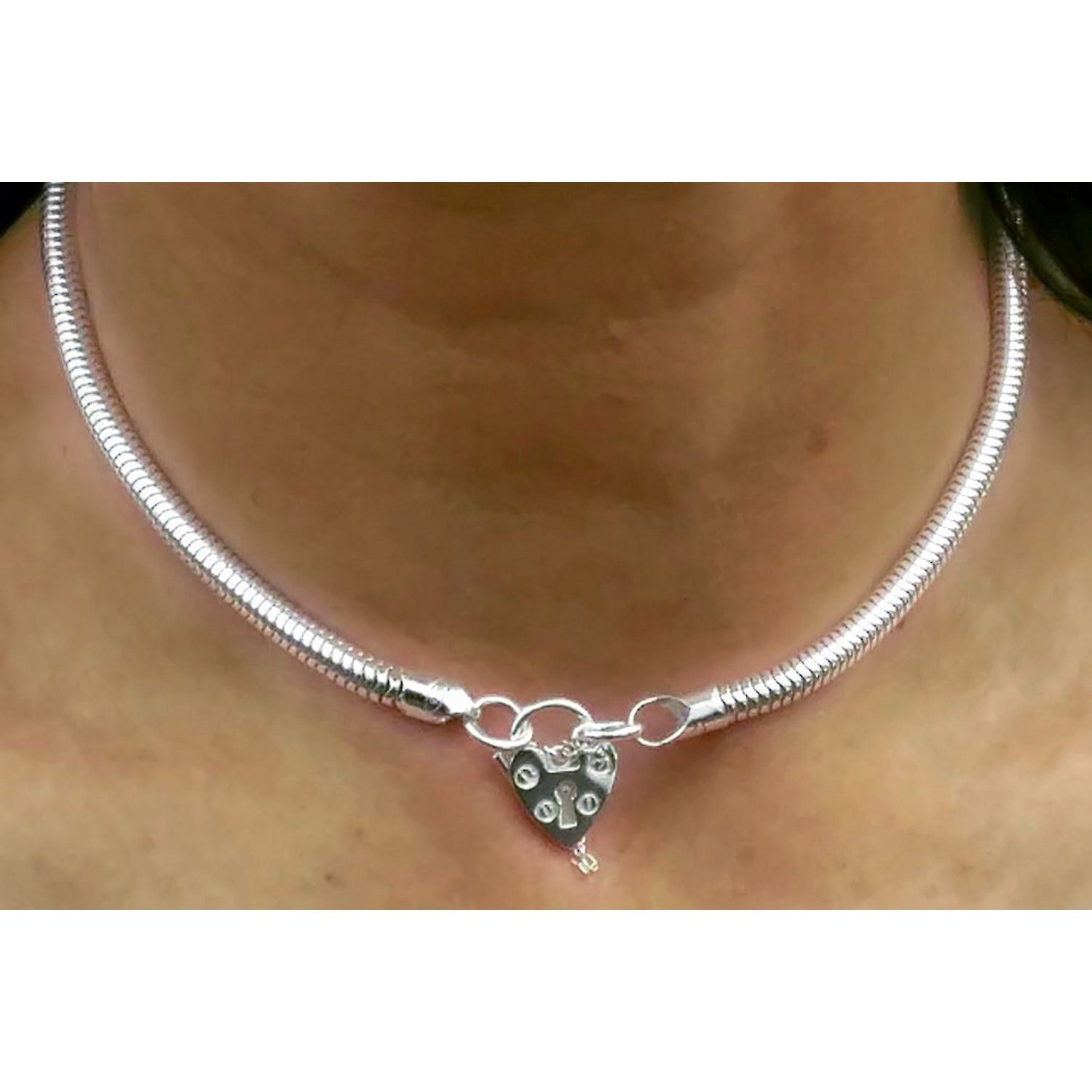Sterling Silver Discreet Day Collar, 5mm thick, Snake Chain, Vintage shaped Heart Padlock clasp,  Handmade BDSM Collar