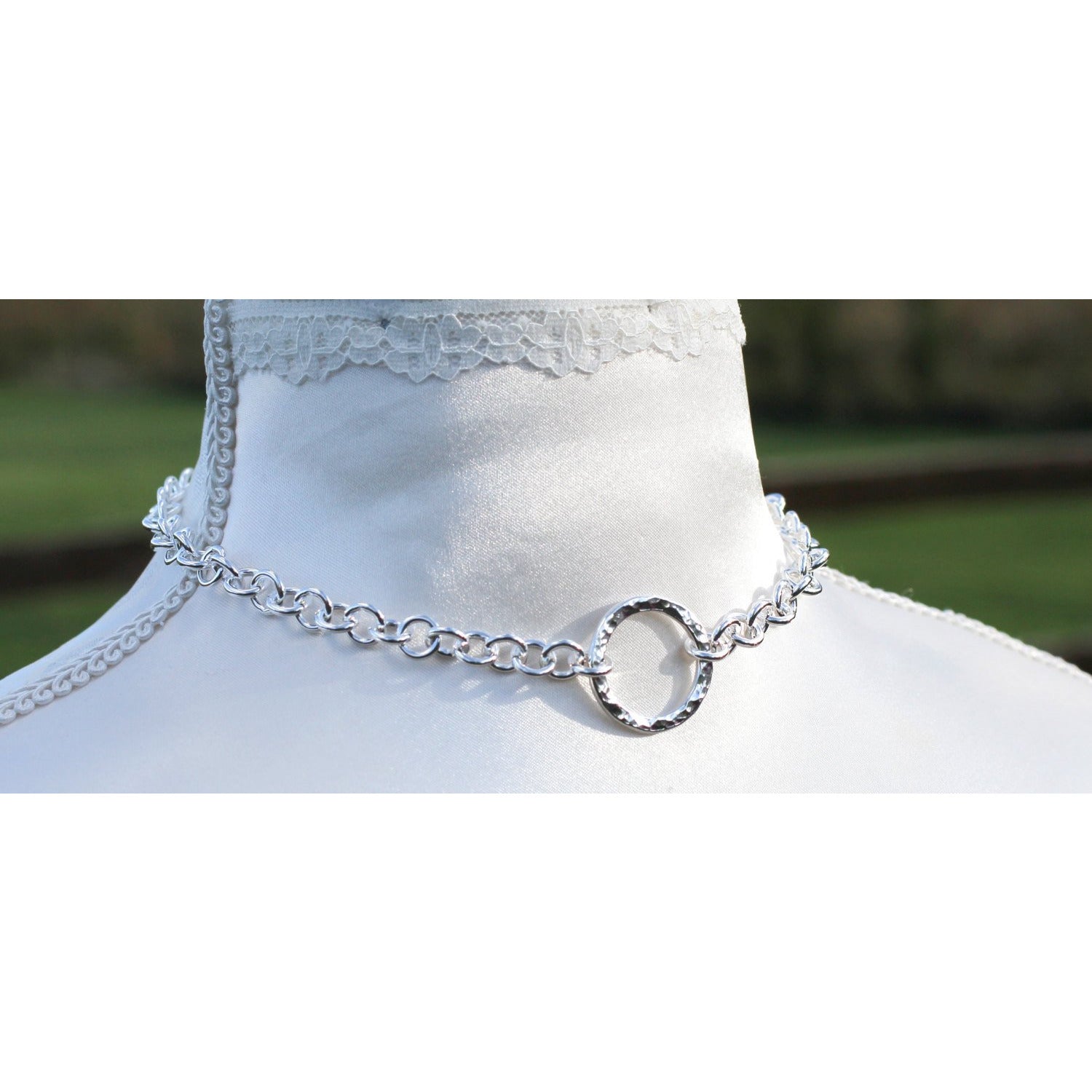 Handmade Sterling Silver BDSM Day Collar - Heavy Chain, Textured O Ring, Adjustable Fit